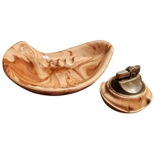 Vintage Arnel's Marbled Ceramic Ashtray and Table Lighter Set Brown Tan A81 MCM